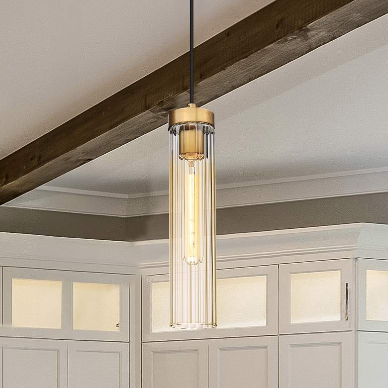 Image 1 Beau 4 3/4" Wide Rubbed Brass Cylinder Mini Pendant