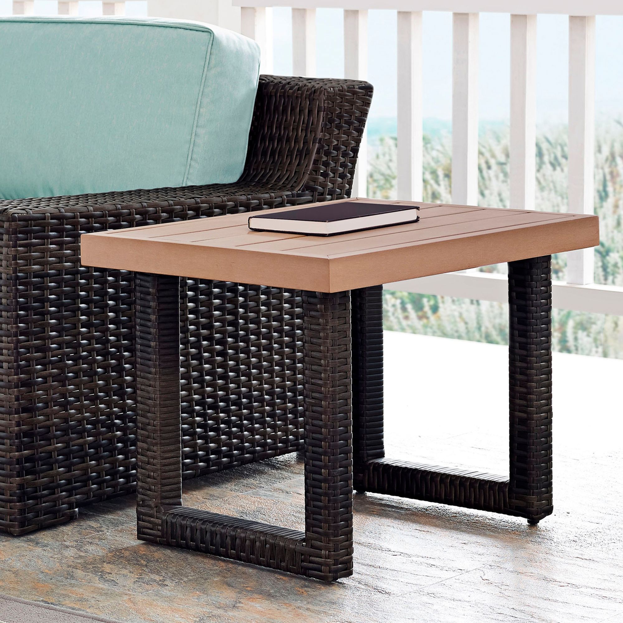 dark brown wicker outdoor side table