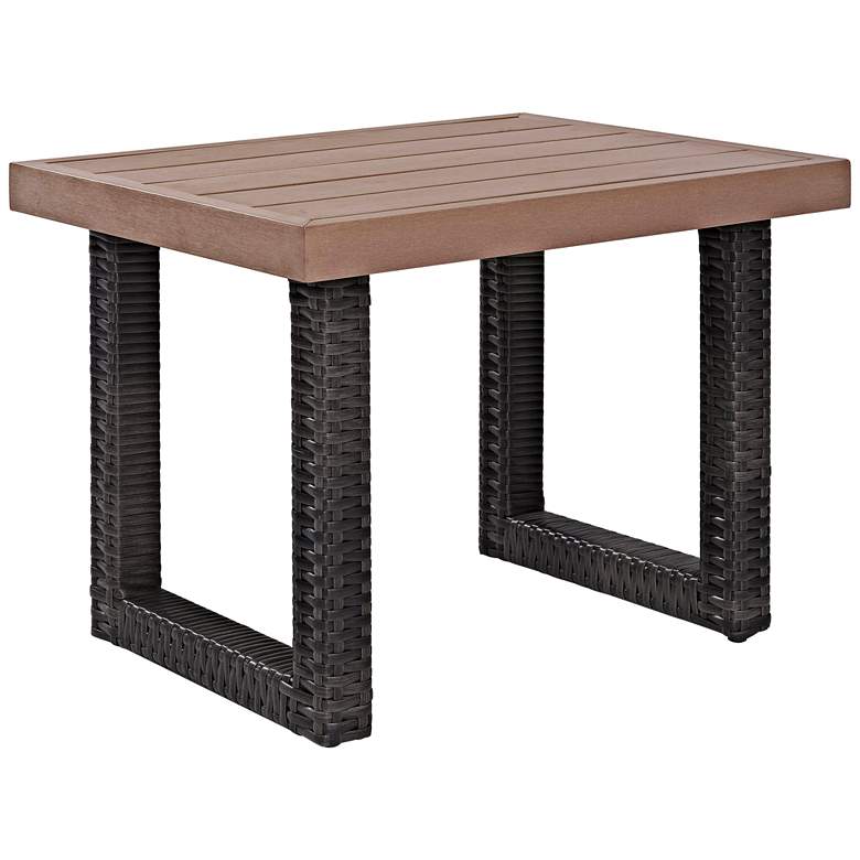Image 2 Beaufort Faux Wood and Dark Brown Wicker Outdoor Side Table more views