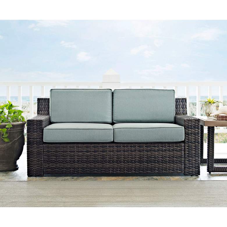 Image 2 Beaufort Mist Light Blue and Brown Wicker Outdoor Loveseat more views