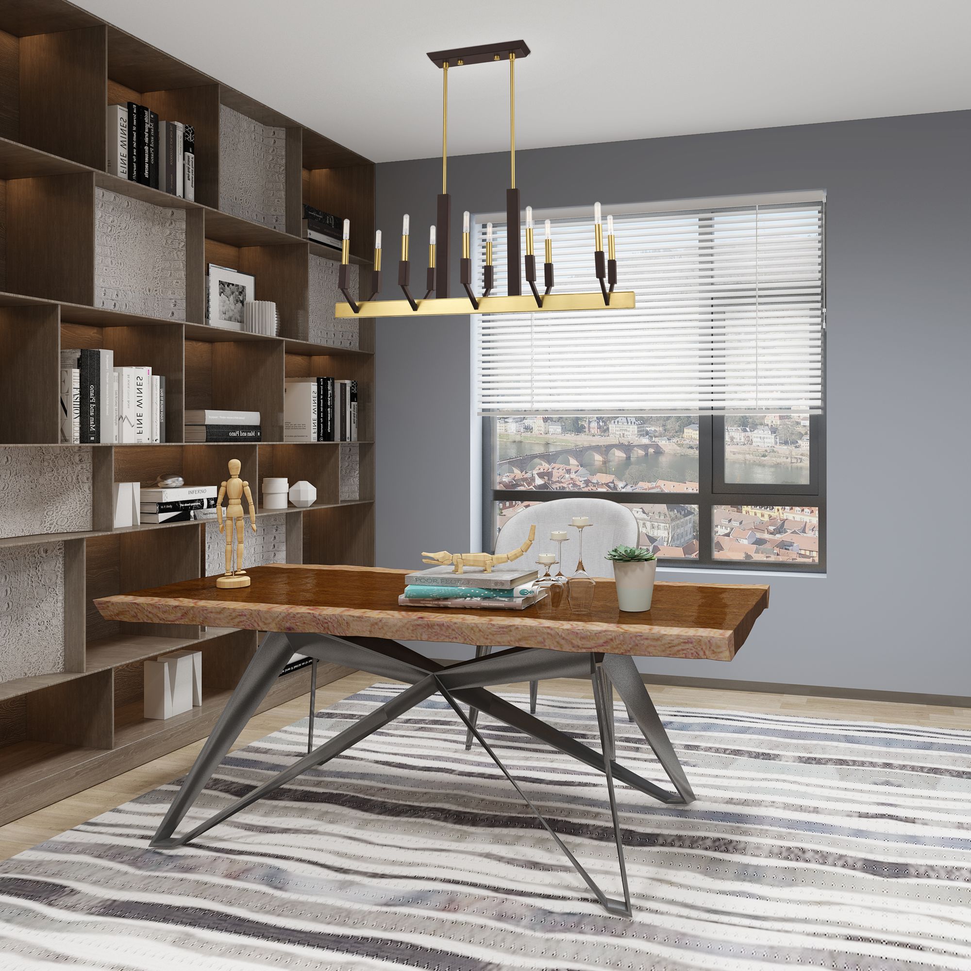 Beckett 10 Light Satin Brass and Bronze Linear Chandelier