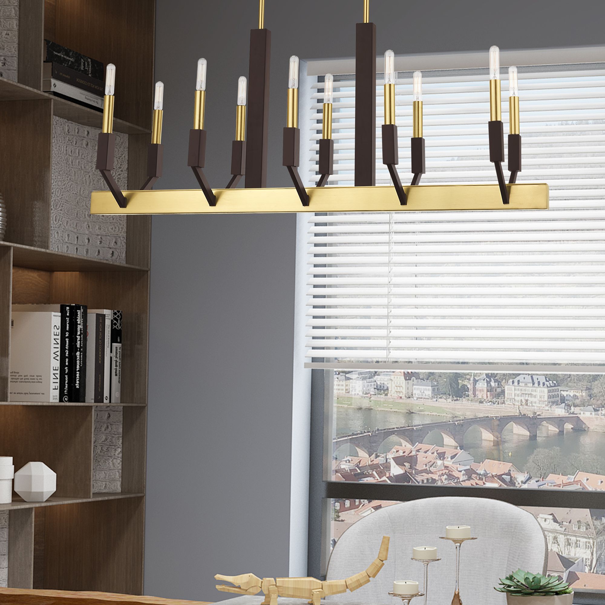 Beckett 10 Light Satin Brass and Bronze Linear Chandelier