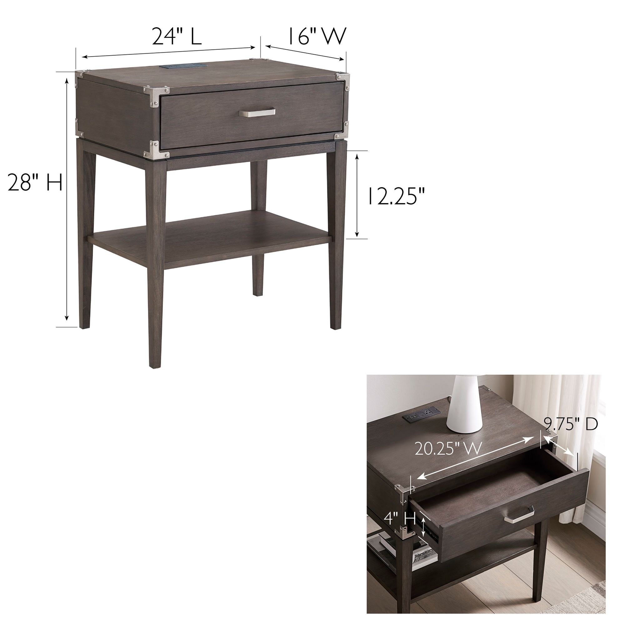 Beckett 24" Wide Anthracite Nightstand with AC/USB Charger