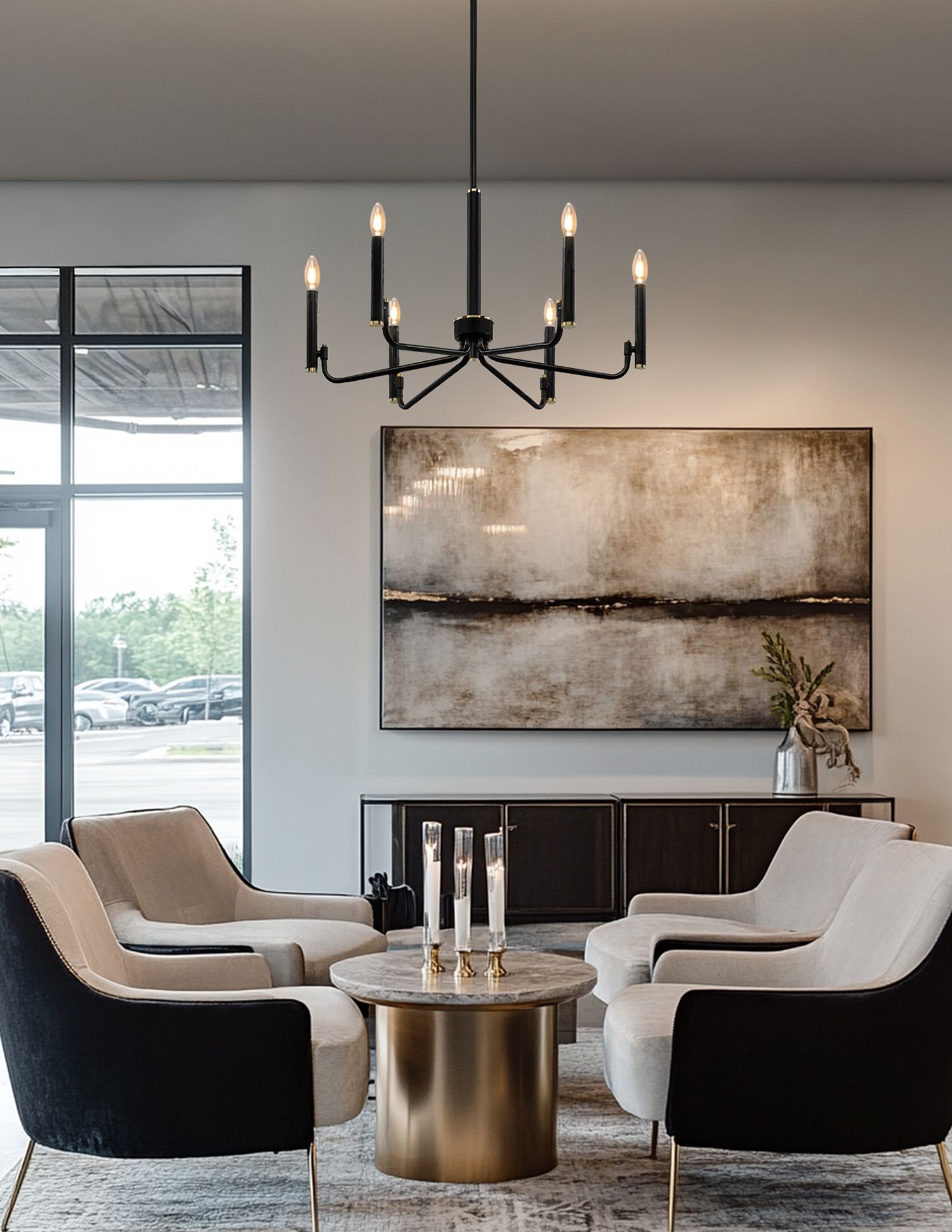 Bedford 24" Wide Matte Black and Brass 6-Light chandelier