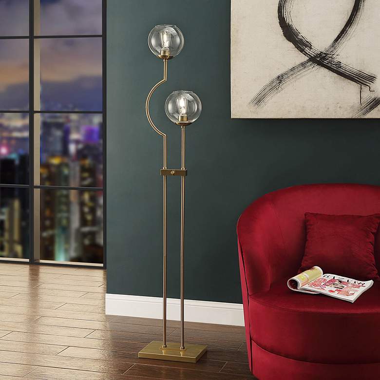 Image 1 Bedford Brass Metal and Clear Glass Globe Modern Uplight Floor Lamp