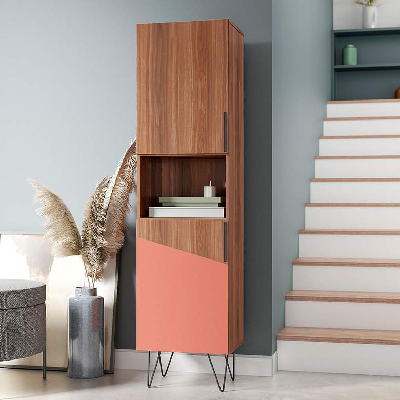 Image 1 Beekman 17 1/2"W Brown Pink 5-Shelf Narrow Bookcase Cabinet