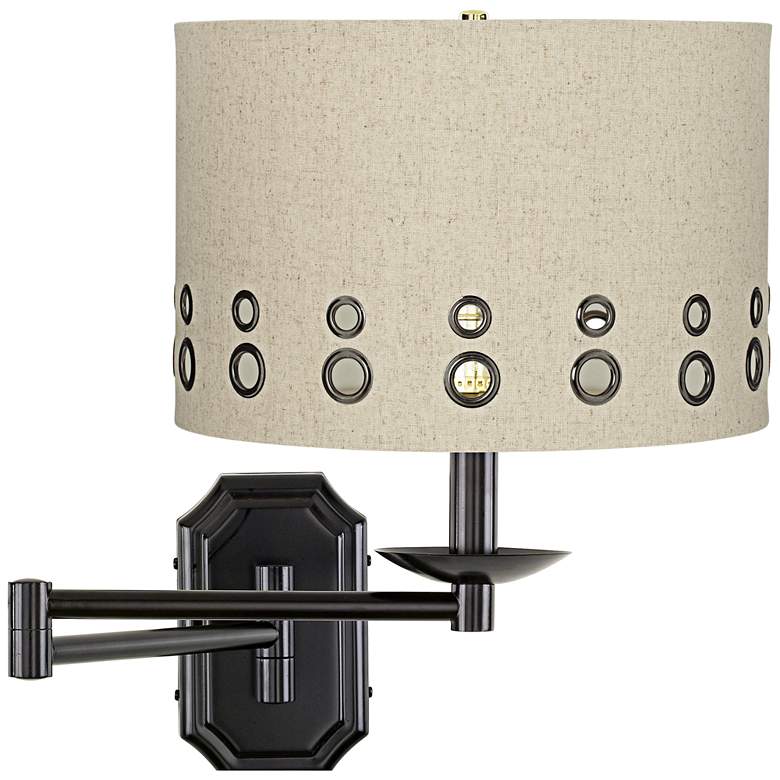 Image 1 Beige Dual-Grommet Dark Bronze Plug-In Swing Arm Wall Lamp