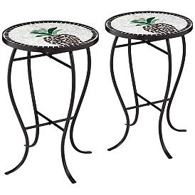 Image1 of Beige Pineapple Mosaic Round Outdoor Accent Tables Set of 2