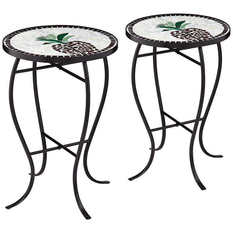 Image 1 Beige Pineapple Mosaic Round Outdoor Accent Tables Set of 2