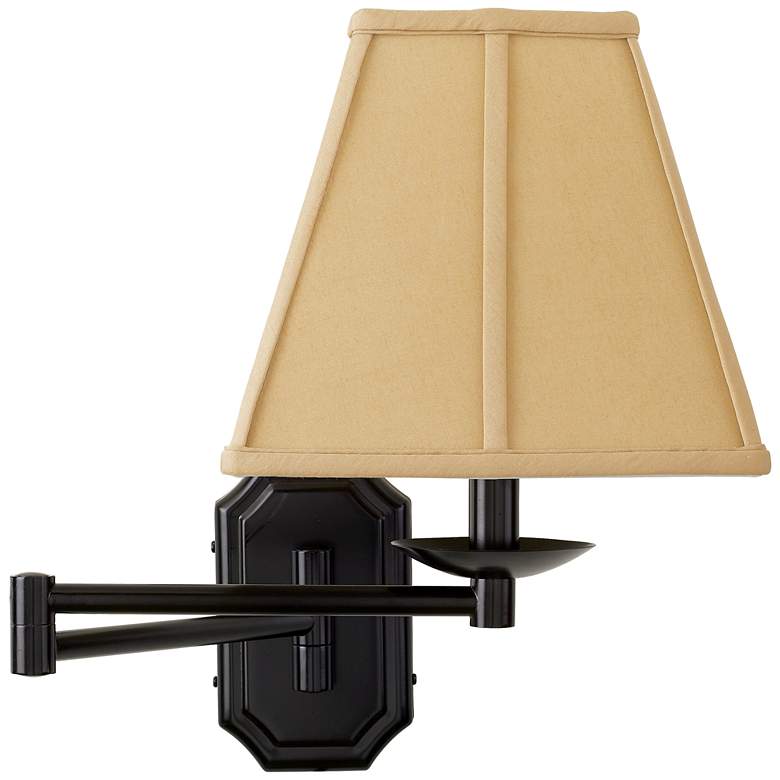 Image 1 Beige Shade Dark Bronze Plug-In Swing Arm Wall Lamp