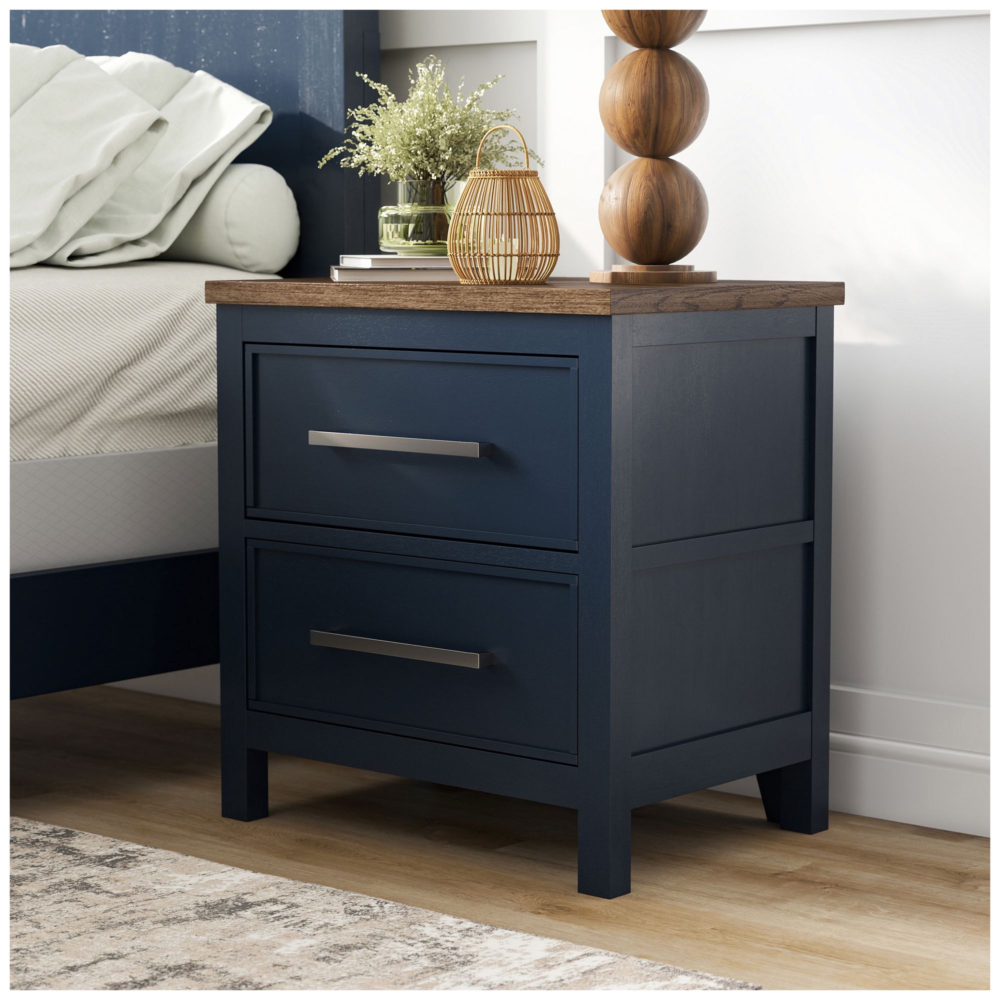 Image 2 Beiring Blue and Dark Brown 2-Drawer Nightstand more views