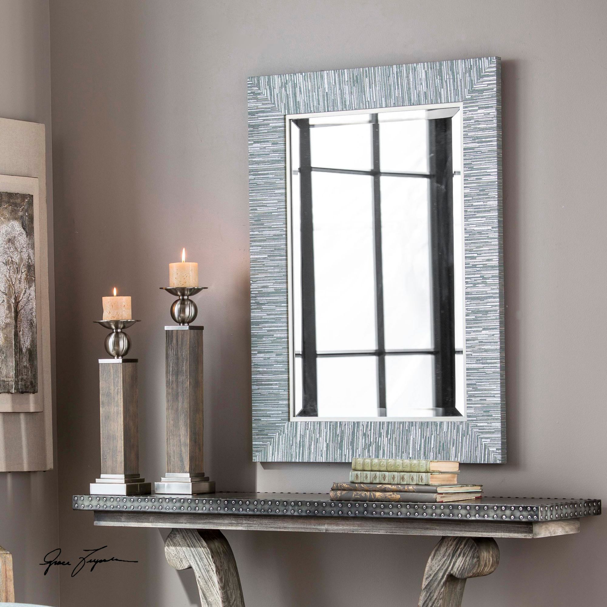 Thumbnail3 of Belaya Textured Stripe 28" x 38" Rectangle Wall Mirror more views