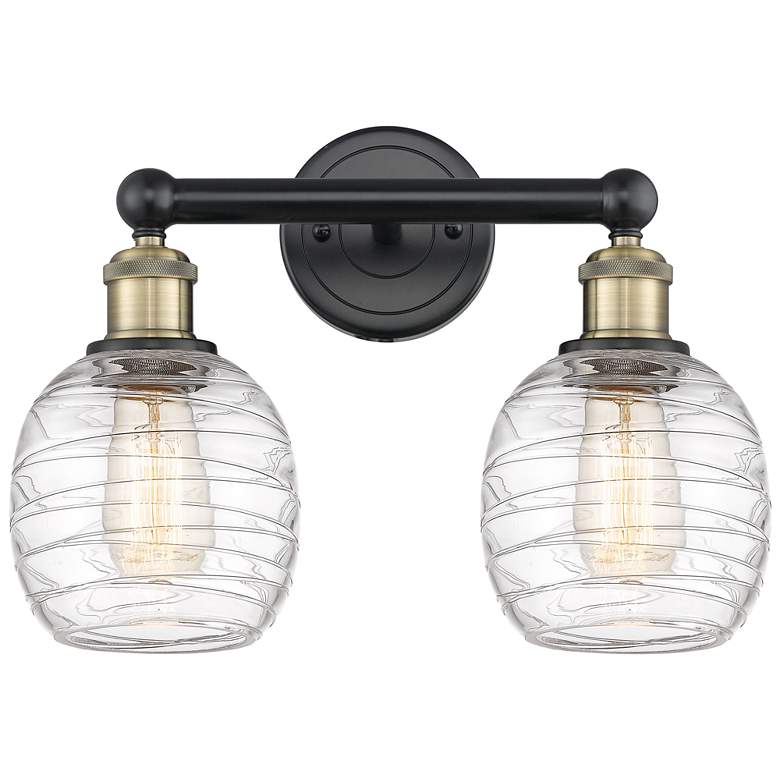 Image 1 Belfast 15"W 2 Light Black Antique Brass Bath Light With Deco Swirl Sh