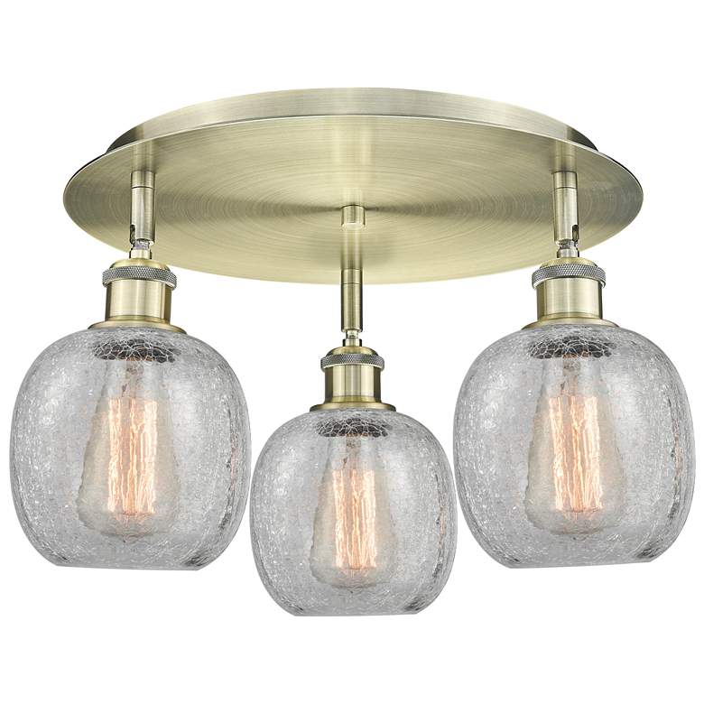 Image 1 Belfast 17.75"W 3 Light Antique Brass Flush Mount w/ Crackle Glass Sha
