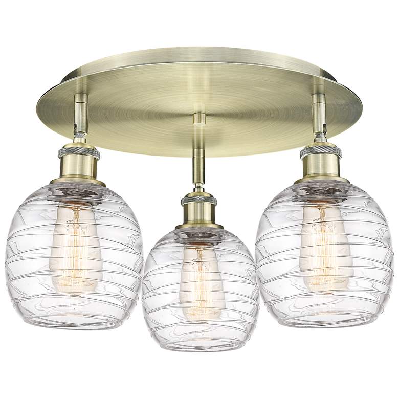 Image 1 Belfast 17.75"W 3 Light Antique Brass Flush Mount w/ Deco Swirl Glass