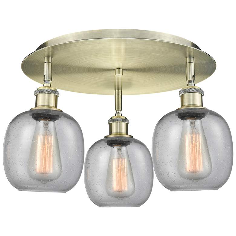 Image 1 Belfast 17.75"W 3 Light Antique Brass Flush Mount With Seedy Glass Sha