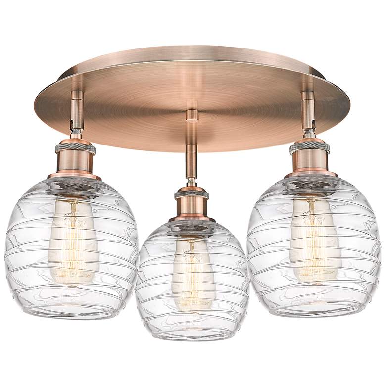 Image 1 Belfast 17.75"W 3 Light Antique Copper Flush Mount w/ Deco Swirl Shade