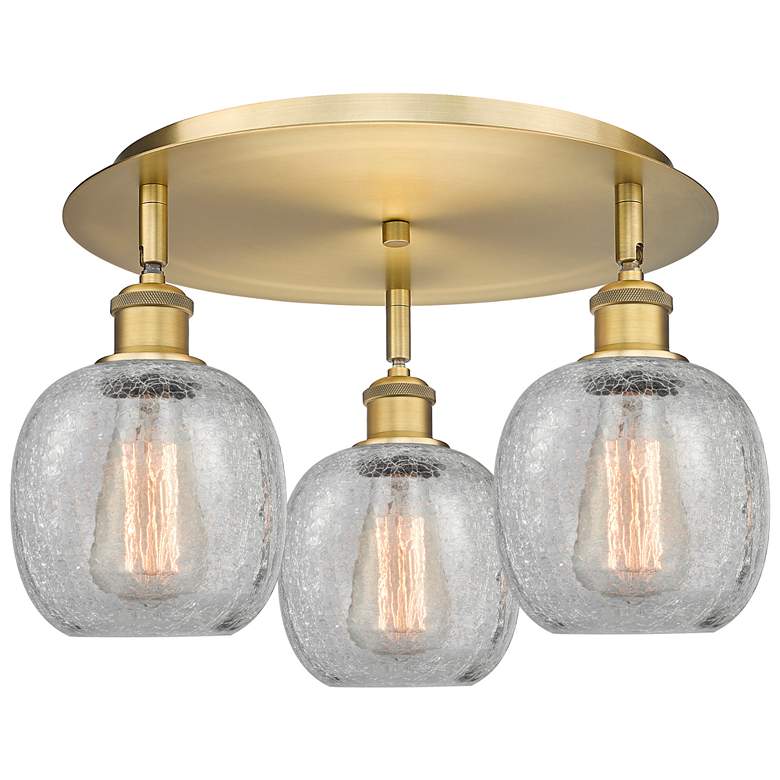 Image 1 Belfast 17.75"W 3 Light Brushed Brass Flush Mount w/ Crackle Glass Sha
