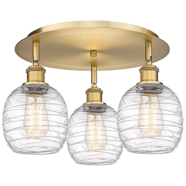 Image 1 Belfast 17.75"W 3 Light Brushed Brass Flush Mount w/ Deco Swirl Glass