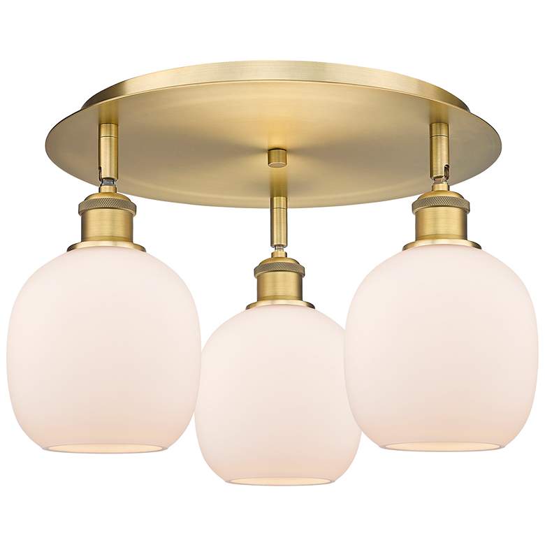 Image 1 Belfast 17.75"W 3 Light Brushed Brass Flush Mount w/ White Shade