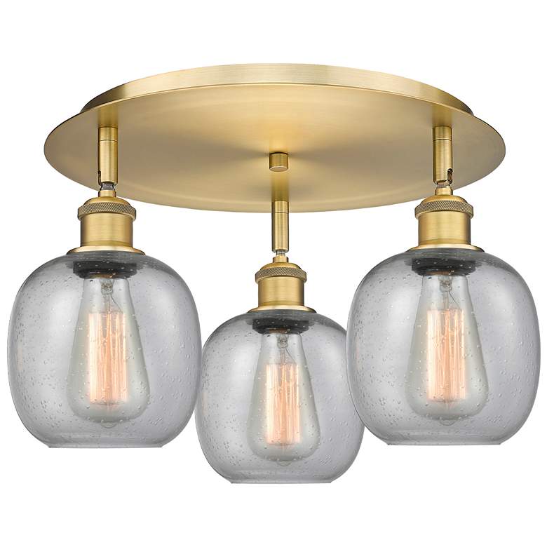 Image 1 Belfast 17.75"W 3 Light Brushed Brass Flush Mount With Seedy Glass Sha