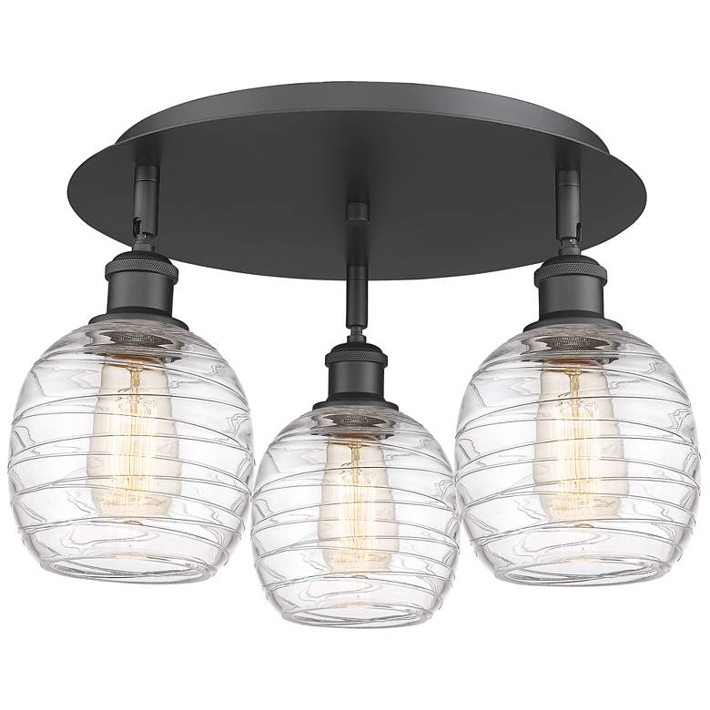 Image 1 Belfast 17.75"W 3 Light Matte Black Flush Mount With Deco Swirl Glass