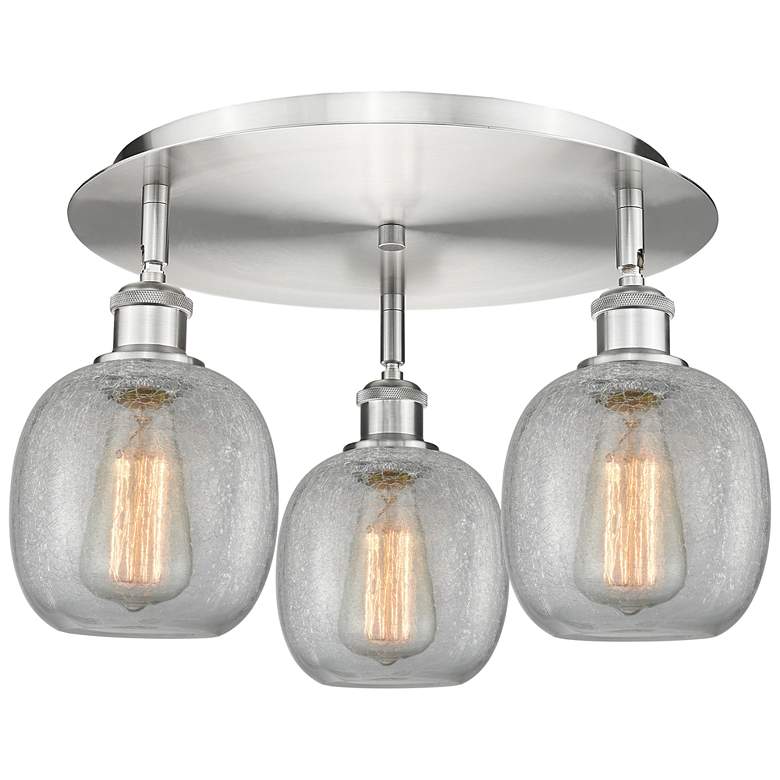 Image 1 Belfast 17.75"W 3 Light Satin Nickel Flush Mount w/ Crackle Glass Shad