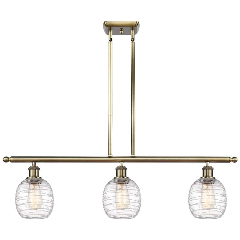 Image 1 Belfast 3 Light 36" Island Light - Antique Brass - Deco Swirl Shade