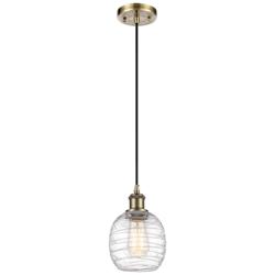 Belfast 6" Antique Brass Cord Hung Mini Pendant w/ Deco Swirl Shade