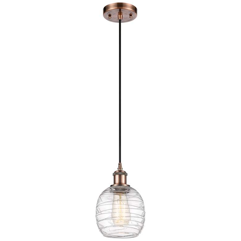 Image 1 Belfast 6" Antique Copper Cord Hung Mini Pendant w/ Deco Swirl Shade