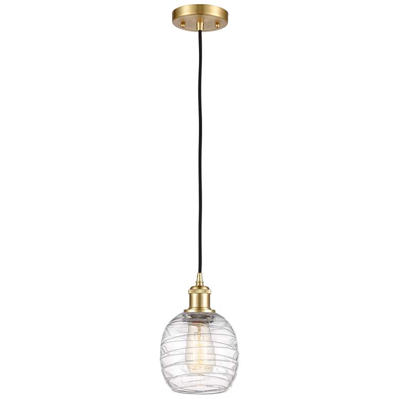Image 1 Belfast 6" Satin Gold Cord Hung Mini Pendant w/ Deco Swirl Shade