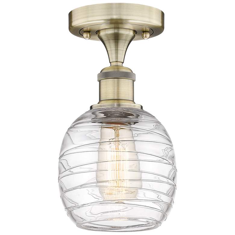 Image 1 Belfast 6" Wide Antique Brass Flush Mount With Deco Swirl Glass Shade