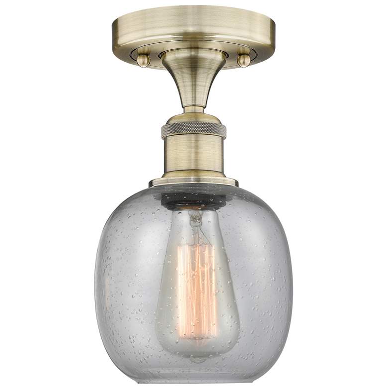 Image 1 Belfast 6" Wide Antique Brass Flush Mount With Seedy Glass Shade