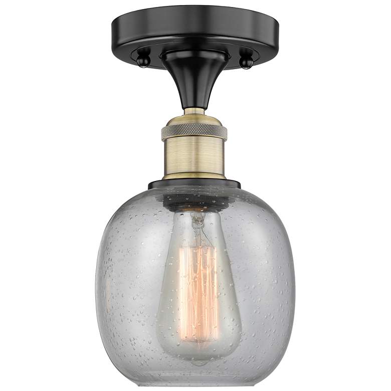 Image 1 Belfast 6" Wide Black Antique Brass Flush Mount With Seedy Glass Shade