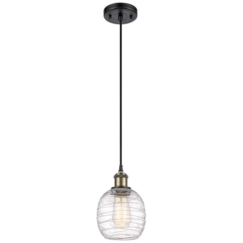 Image 1 Belfast 6" Wide Black Brass Corded Mini Pendant w/ Deco Swirl Shade