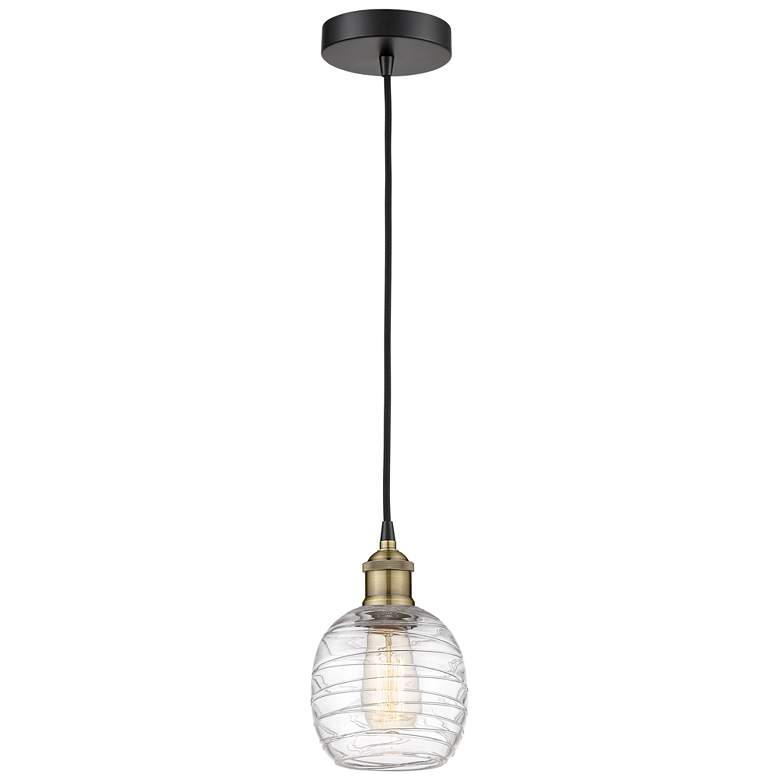 Image 1 Belfast 6" Wide Black Brass Corded Mini Pendant w/ Deco Swirl Shade