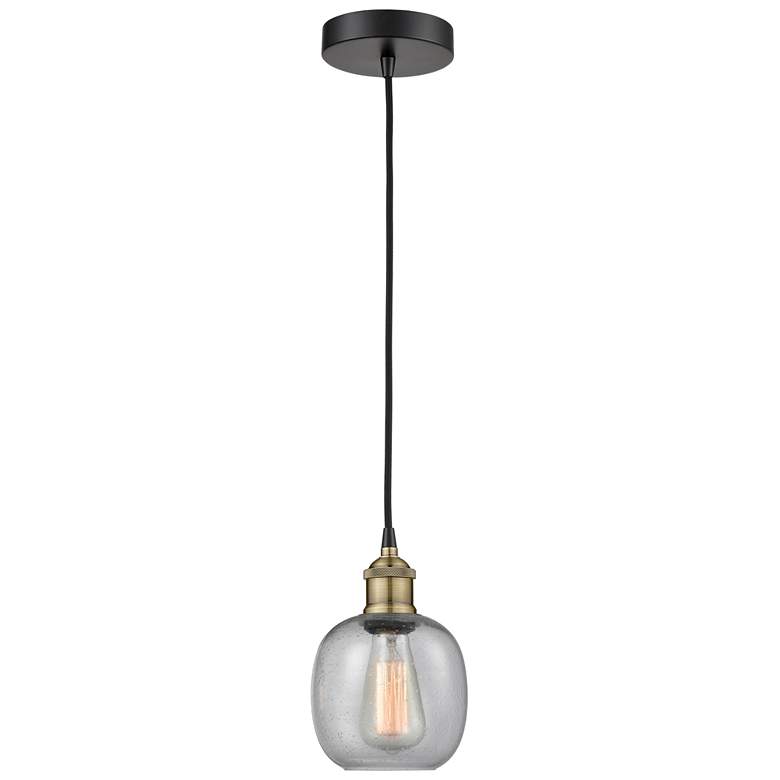 Image 1 Belfast 6" Wide Black Brass Corded Mini Pendant With Seedy Shade