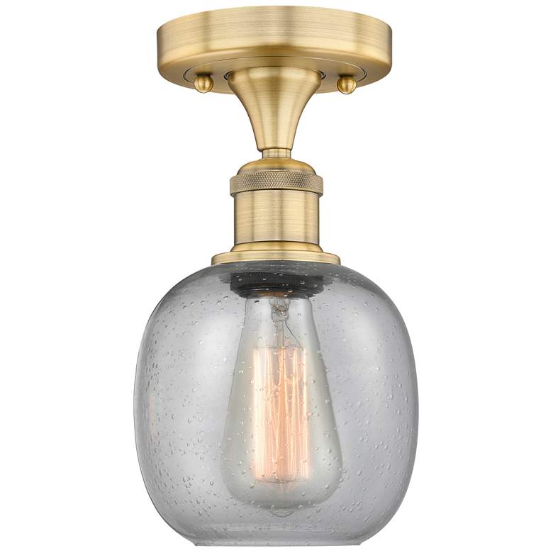 Image 1 Belfast 6" Wide Brushed Brass Flush Mount With Seedy Glass Shade