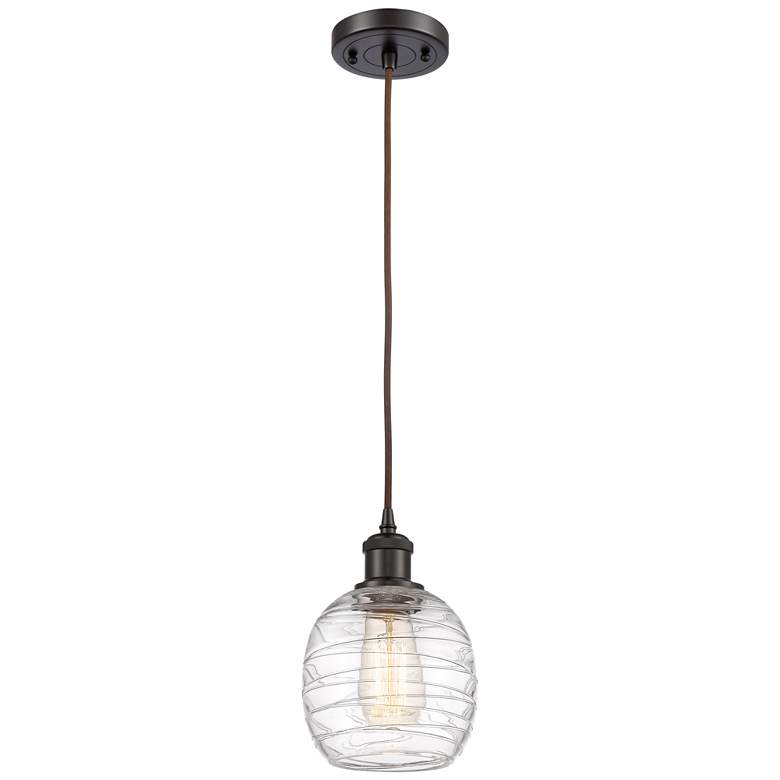 Image 1 Belfast 6" Wide Oil Rubbed Bronze Corded Mini Pendant w/ Deco Swirl Sh