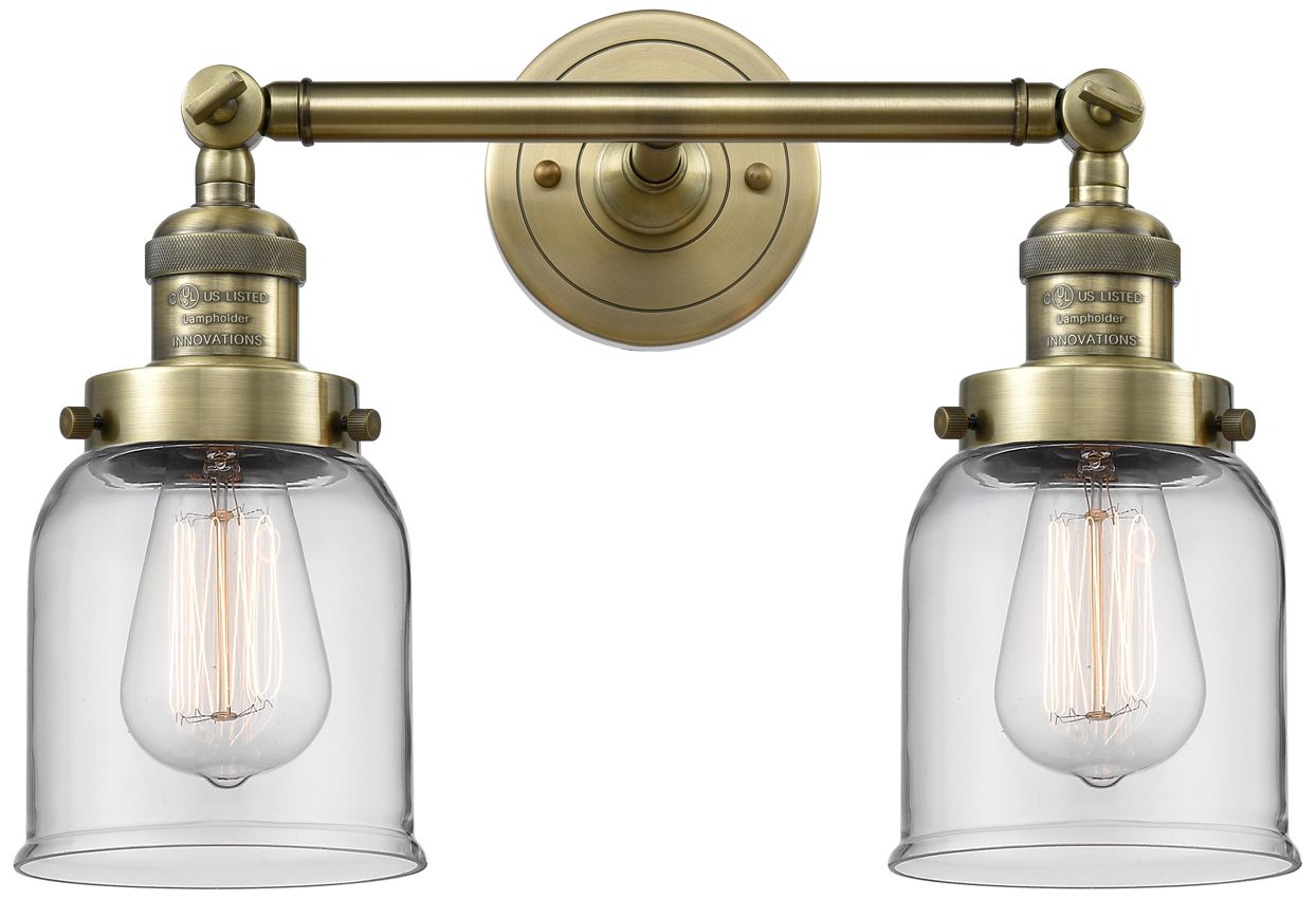 Bell 10"H Antique Brass 2-Light Wall Sconce w/ Clear Glass