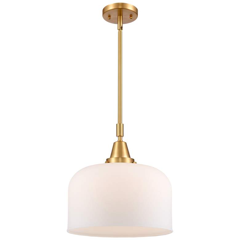Image 1 Bell 11 1/2" Wide Satin Gold Mini Pendant with White Glass