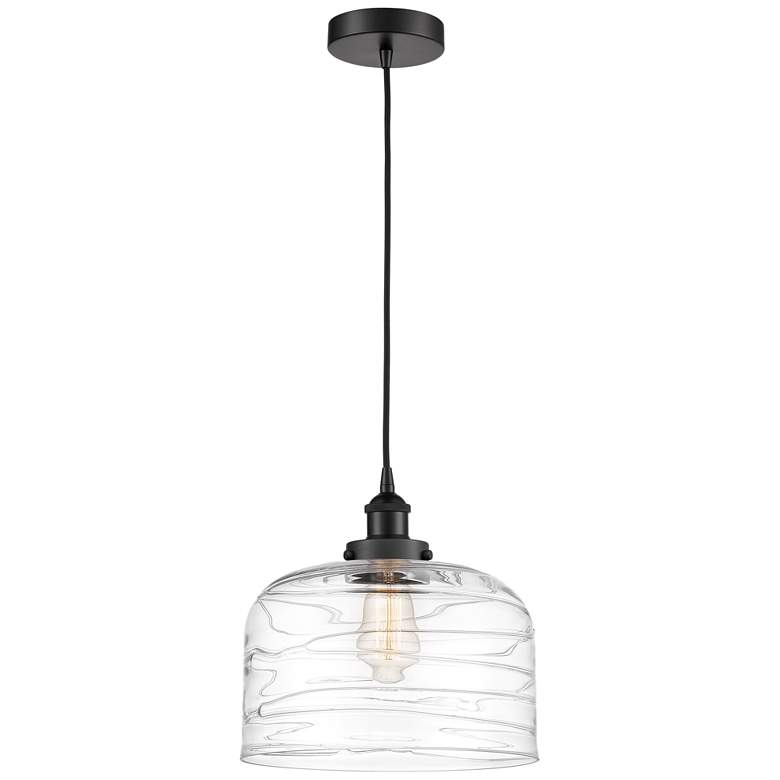 Image 1 Bell 11 1/2"W Matte Black Mini Pendant w/ Deco Swirl Glass