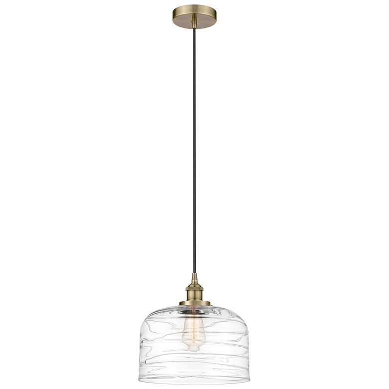 Image 1 Bell 12" Antique Brass Mini Pendant w/ Clear Deco Swirl Shade