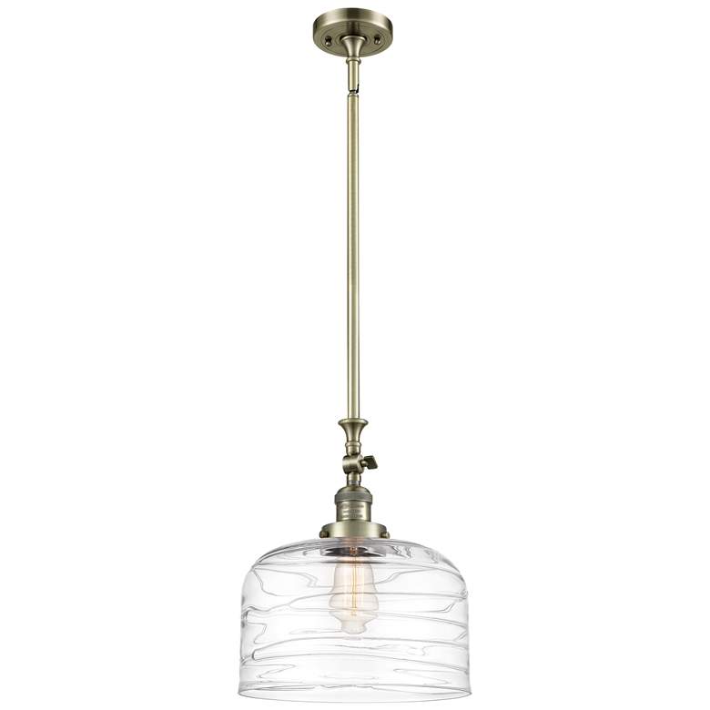Image 1 Bell 12" Antique Brass Stem Hung Mini Pendant w/ Clear Deco Swirl Shad