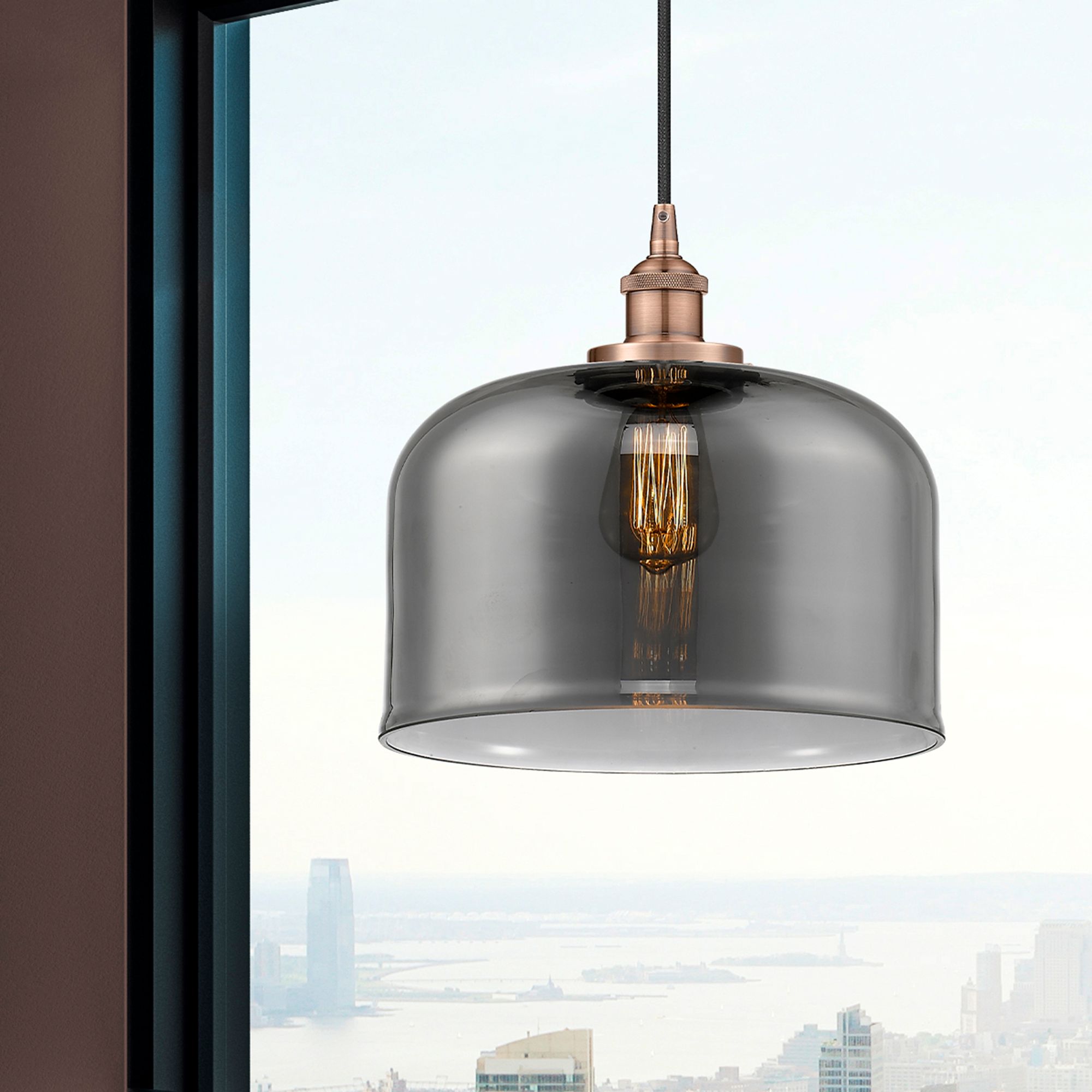 Image 2 Bell 12" Antique Copper Mini Pendant w/ Plated Smoke Shade more views