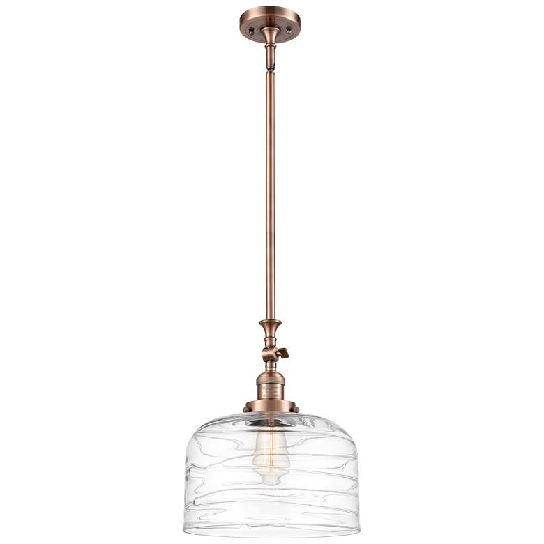 Image 1 Bell 12" Antique Copper Stem Hung Mini Pendant w/ Clear Deco Swirl Sha