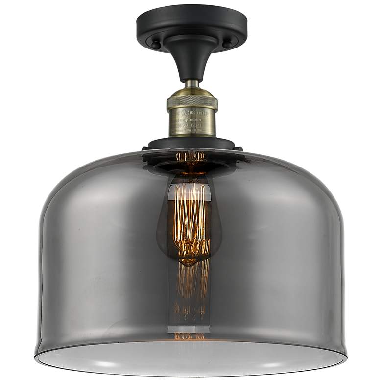Image 1 Bell 12 inch Black Antique Brass Semi Flush Mount w/ Plated Smoke Shade