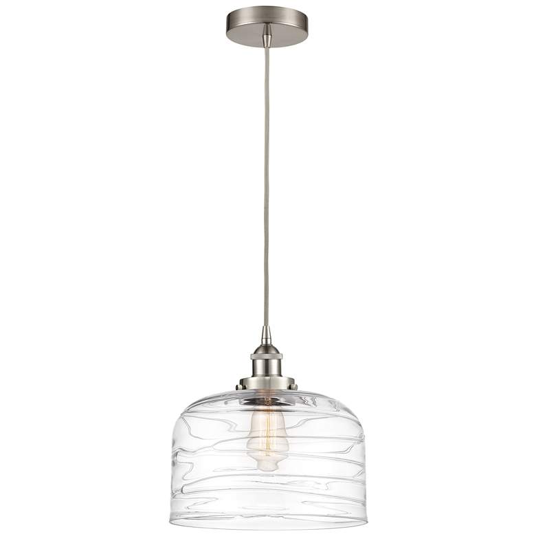 Image 1 Bell 12" Brushed Satin Nickel Mini Pendant w/ Clear Deco Swirl Shade