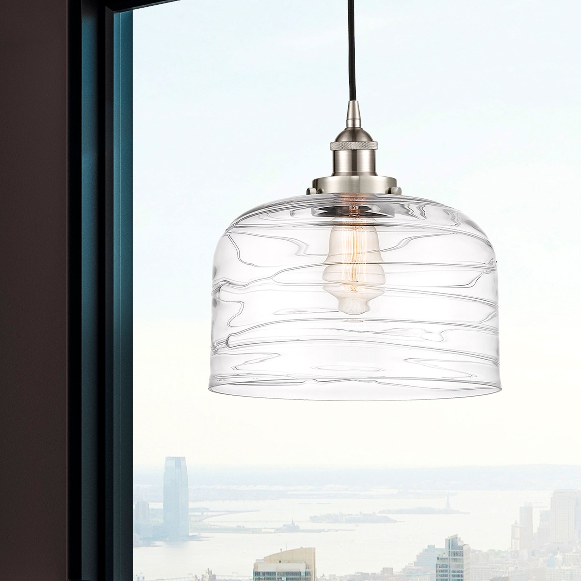 Image 2 Bell 12" Brushed Satin Nickel Mini Pendant w/ Clear Deco Swirl Shade more views