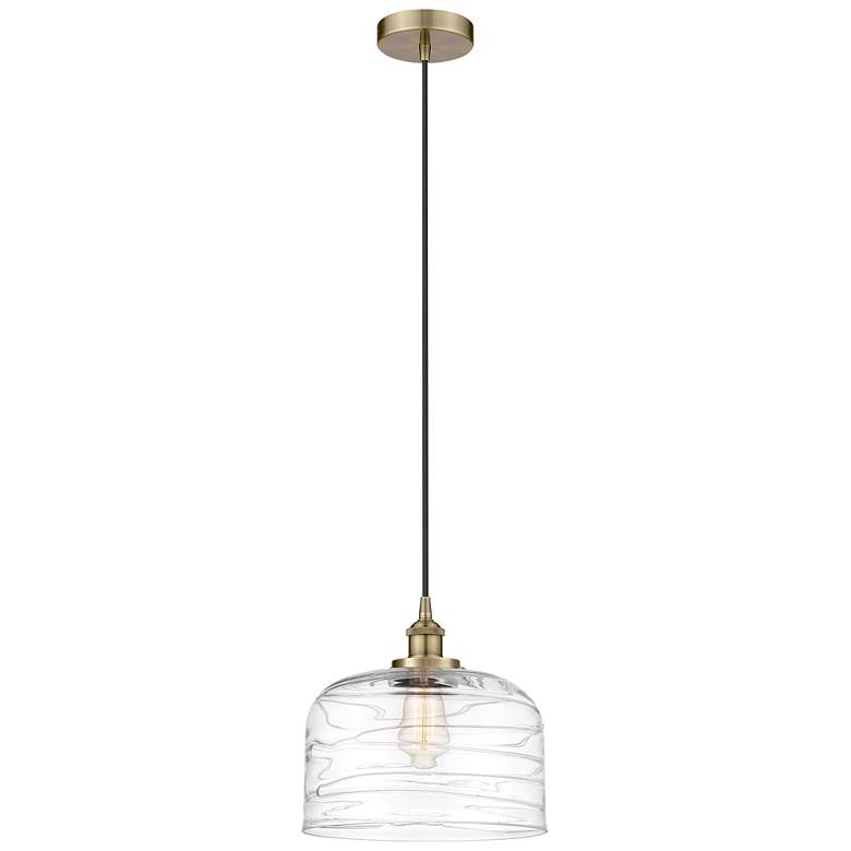 Image 1 Bell 12" LED Mini Pendant - Antique Brass - Clear Deco Swirl Shade